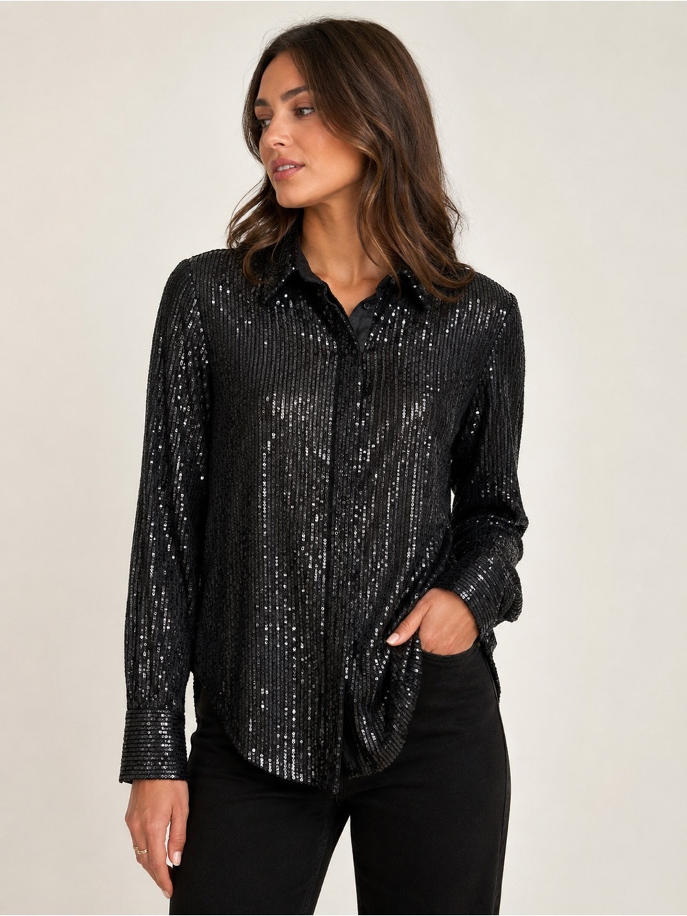 Cecelia Black Sequin Button-Down Shirt Sz M
